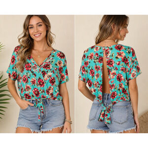 COMO Vintage Floral Tie Back Blouse Top Large Aqua Pink Wrap Front Boho Size L